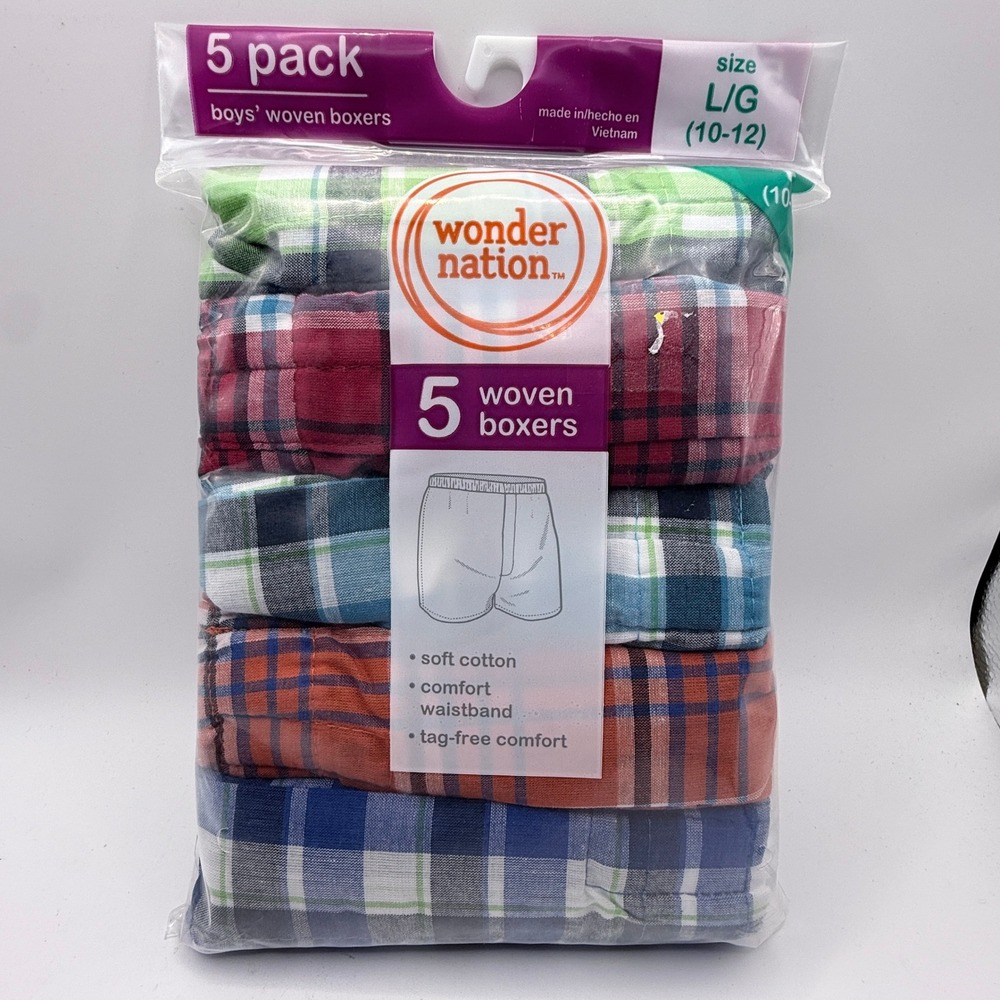 Wonder Nation Woven Boxers Boys Size L 10-12 5 Pack‎ Plaid Multicolor NEW